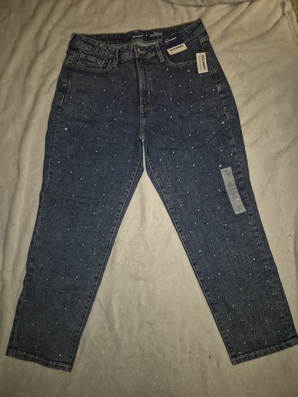 NWT Old Navy High-Rise OG Straight Rhinestone Embellished Jeans Size 12